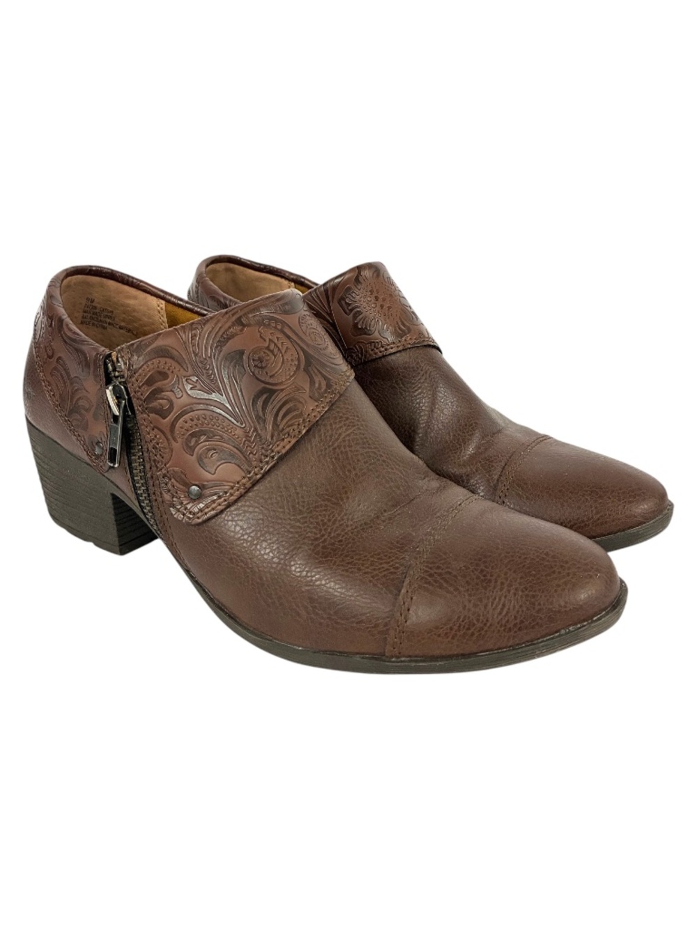 BOC Floral Tooled Ankle Boots 9 High Heeled Shoes Vegan Leather Embossed Brown